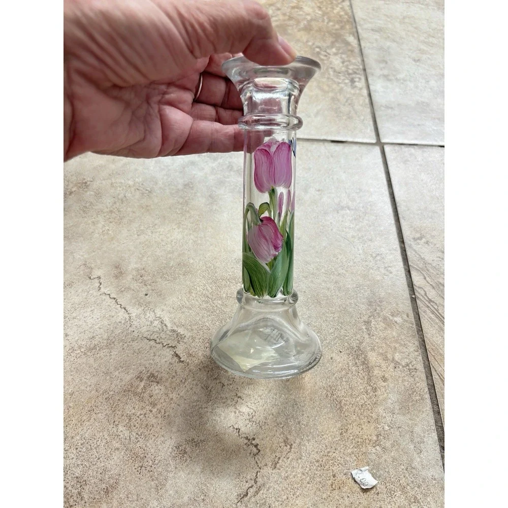 Christine Schreiber Forget-Me-Not Hand Painted Glass Candlesticks Tulips Pair